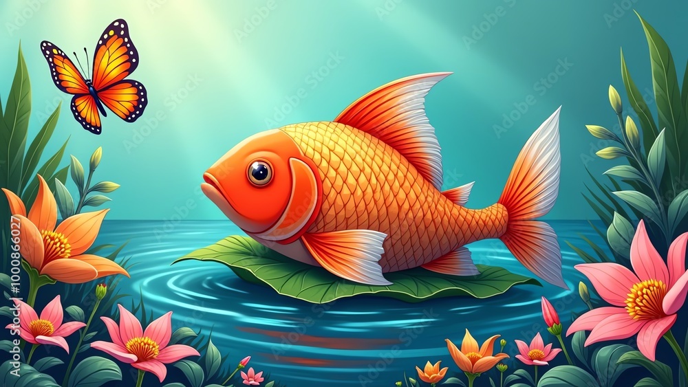 Naklejka premium A goldfish resting on a lily pad with a butterfly nearby.