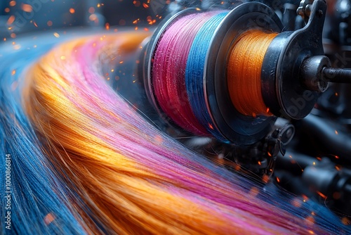 Traditional silk spinning wheel in motion with bright silk threads spinning outward in a dynamic colorful pattern photo