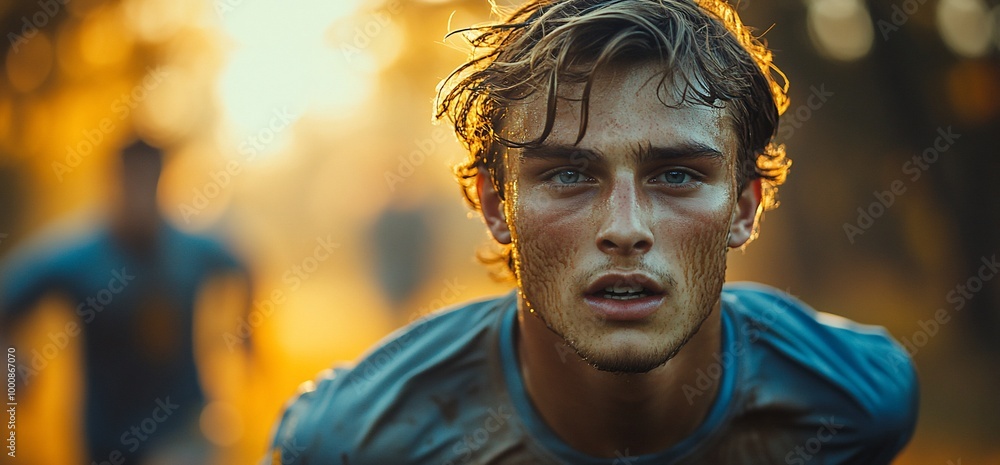 Determined runner with sweaty face looking at camera. Determined runner with sweaty face looking at camera.