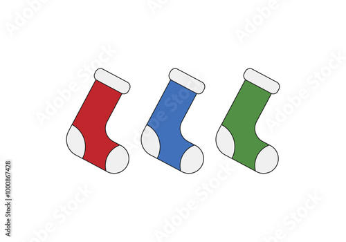 Tres calcetines de navidad azul, rojo, y verde