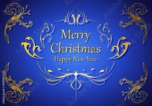 Felicitación azul de navidad y año nuevo con elementos dorados