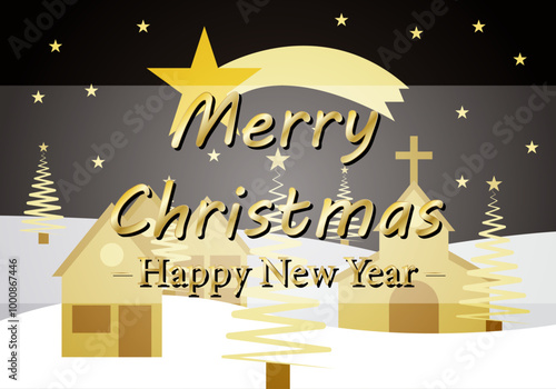 Felicitación de navidad y año nuevo con paisaje nevado y pueblo dorado