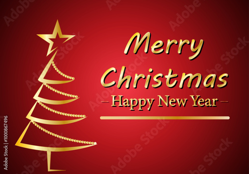 Felicitación de navidad y feliz año nuevo con árbol de navidad dorado con cintas en fondo de degradado rojo