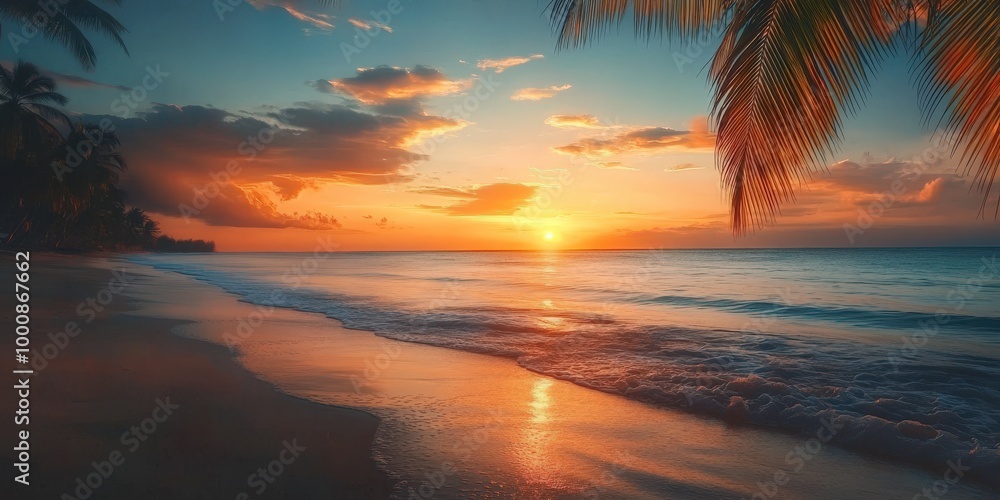 Serene Sunset at Beach with Palm Trees Serene Sunset at Beach with Palm Trees