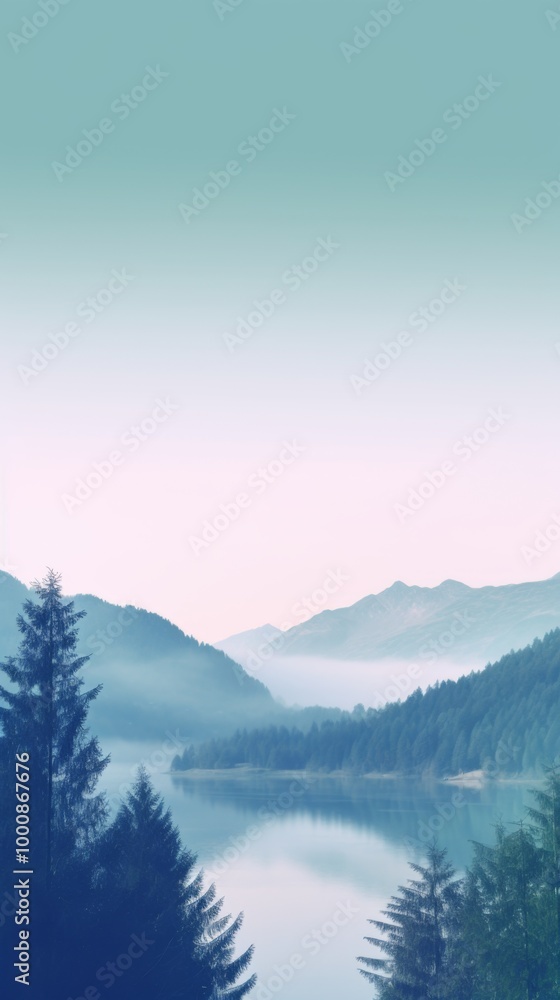 Obraz premium Serene Mountain Lake at Dawn - quiet peaceful instagram story background, nature border with empty space for text,