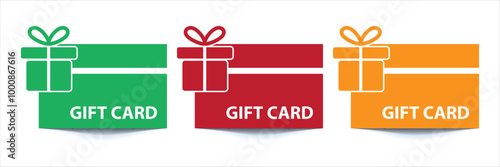 Set of red, yellow and green  gift card icons. Shopping gift cards. Vector illustration isolated on white  background. EPS 10
