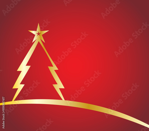 Fondo navideño degradado rojo con abeto y trazado dorado