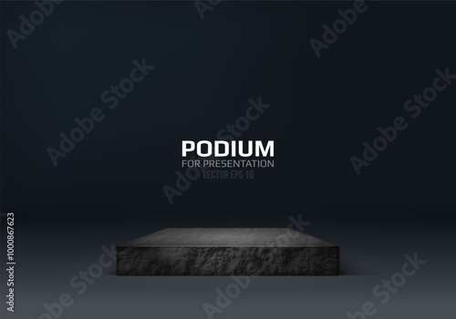 Stone podium on dark background. Empty marble pedestal for product presentation. Minimalist platform concept with stone texture. Vector illustration.