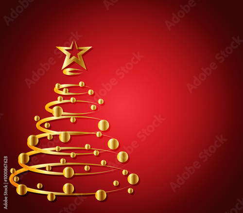 Fondo navideño de árbol de navidad dorado con estrella en degradado rojo