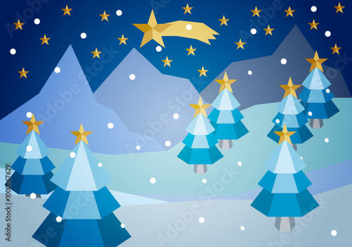 Paisaje nevado con pinos y estrellas doradas 