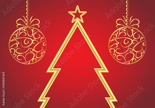 Fondo navideño de árbol de navidad y bolas de navidad dorados en degradado rojo