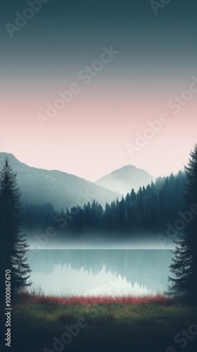 Serene Mountain Lake at Dawn - quiet peaceful instagram story background wallapape, nature border with empty space for text