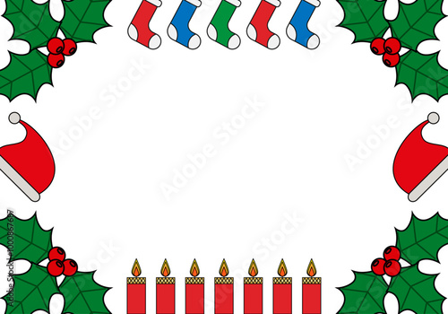 Marco navideño con acebo, calcetines de navidad y gorros de papa Noel 