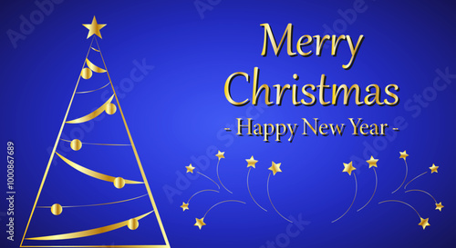 Felicitación azul de navidad y año nuevo con árbol de navidad dorado y estrellas
