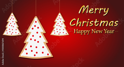 Felicitación roja de navidad con ornamentación navideña de árbol de navidad blanco y rojo con feliz navidad dorado