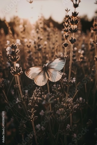 Butterfly in Golden Sunset on Lavender - nature photography