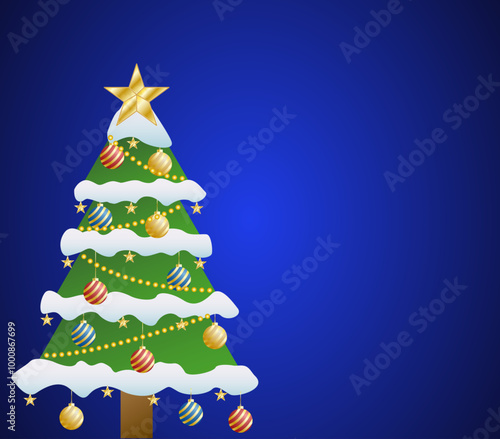 Fondo navideño de árbol de navidad con estrella, nieve y bolas de navidad