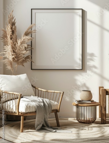 Cozy Minimalist Interior with Natural Light and Neutral Decor - boho beige palette - art mockup with empty frame
