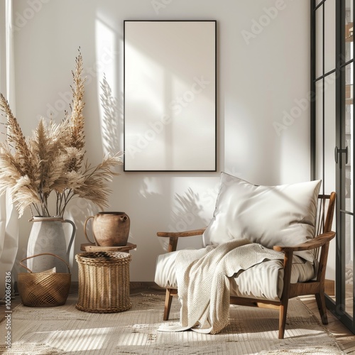 Cozy Minimalist Interior with Natural Light and Neutral Decor - boho beige palette - art mockup empty frame