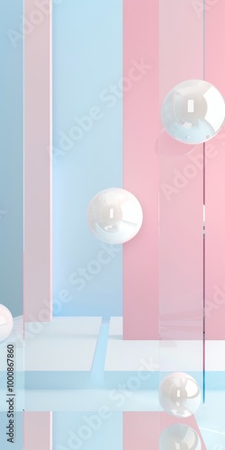 Minimalist Pastel Architecture with Floating Spheres and Reflective Surfaces