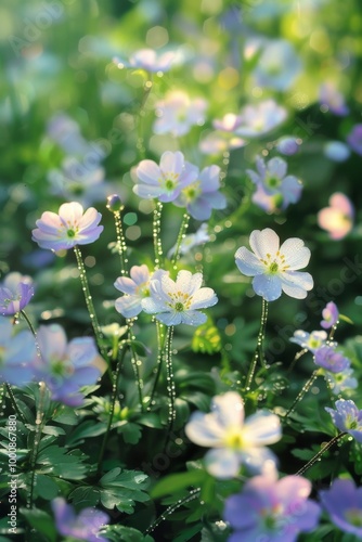 Beautiful Spring Flowers in Morning Dew with Soft Sunlight - crystal translucent flowers on a meadow