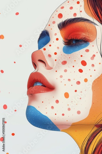  Colorful Abstract Female Portrait with Bold Geometric Patterns - Minimalist girl face illustrations in pointillism, in pop-art style, softpastel color