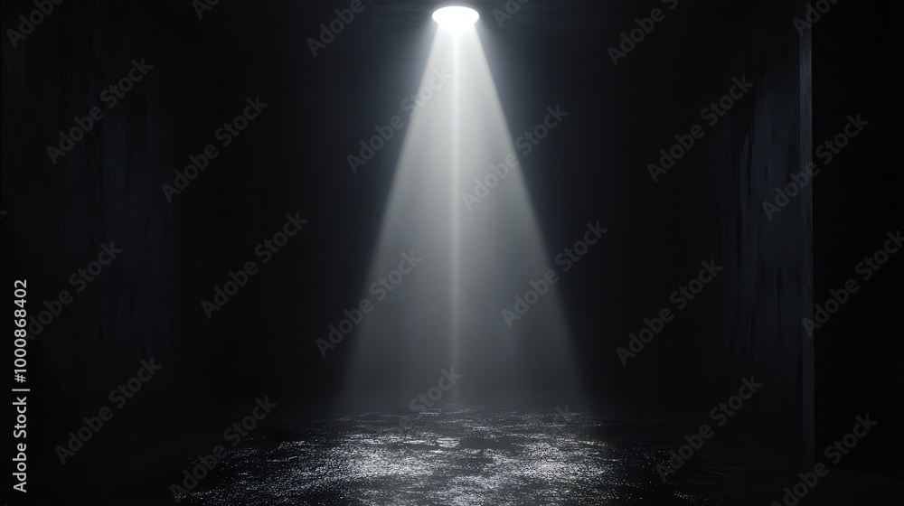 A single spotlight illuminates a dark stage, with a beam of light ...