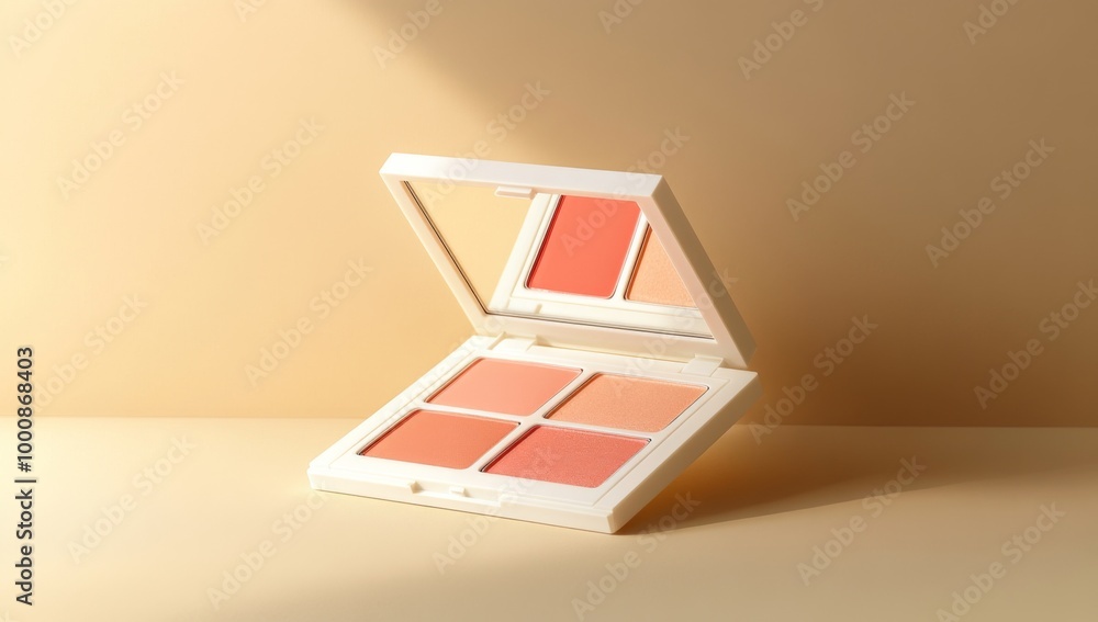 open white makeup palette with blush on beige background open white makeup palette with blush on beige background