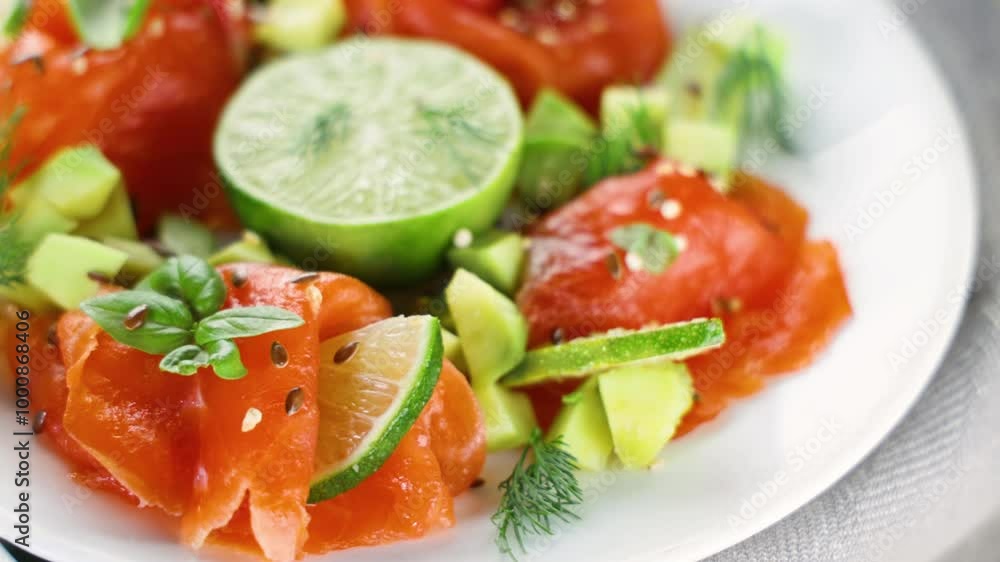 Plate of smoked salmon and avocado. Perfect for healthy meals and gourmet presentations Plate of smoked salmon and avocado. Perfect for healthy meals and gourmet presentations