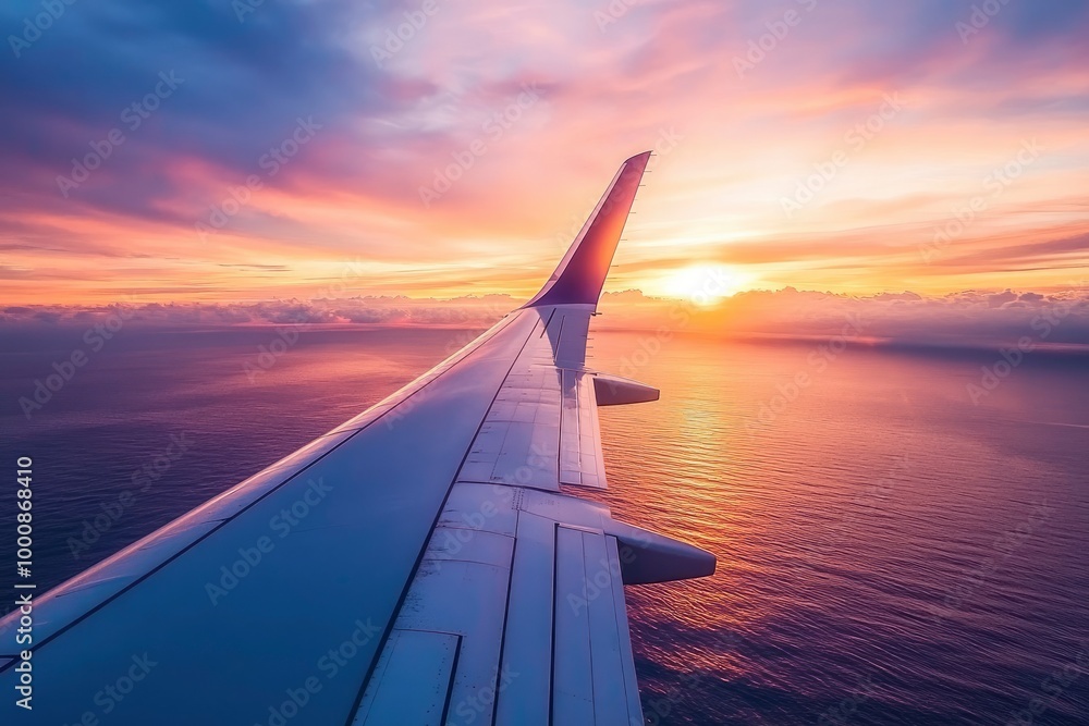 Airplane flight in sunset sky over ocean water and wing of plane. View from the window of the Aircraft. Traveling in air - generative ai Airplane flight in sunset sky over ocean water and wing of plane. View from the window of the Aircraft. Traveling in air - generative ai