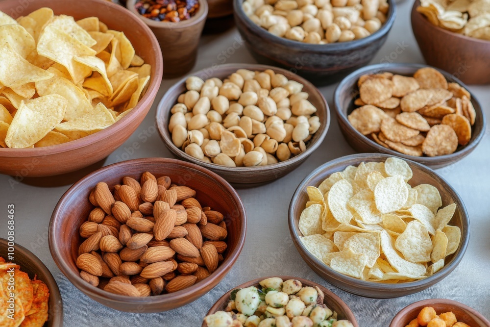 Assorted snacks arranged in bowls with potato chips, nuts, and crisp treats ready for sharing Assorted snacks arranged in bowls with potato chips, nuts, and crisp treats ready for sharing