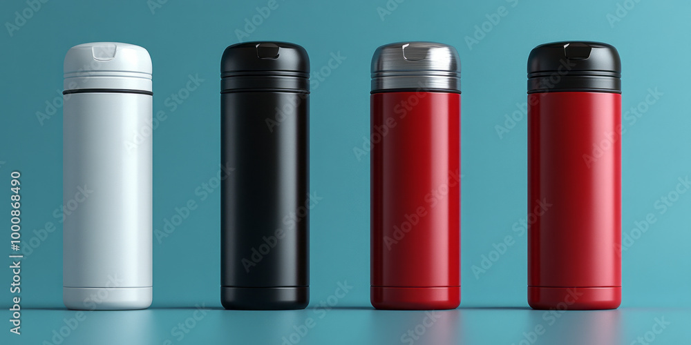 White, Black, Red and Silver Empty Glossy Metal Thermos Water Bottle White, Black, Red and Silver Empty Glossy Metal Thermos Water Bottle