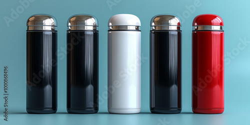 White, Black, Red and Silver Empty Glossy Metal Thermos Water Bottle