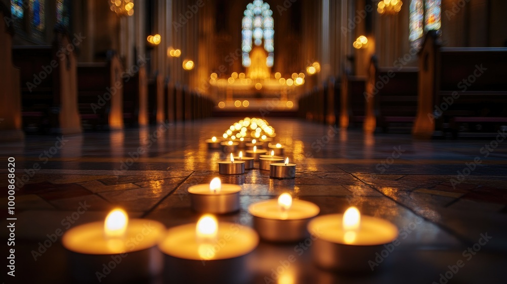Rows of lit candles flickering with a beautiful church altar in the distance, highlighting a moment of reflection. Rows of lit candles flickering with a beautiful church altar in the distance, highlighting a moment of reflection.