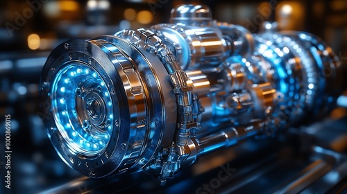 Futuristic chrome engine with blue glowing lights.