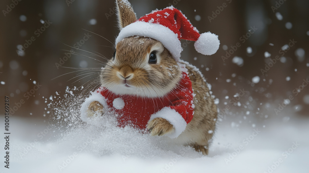 Rabbit Dressed in Santa Suit Frolicking in Snow Rabbit Dressed in Santa Suit Frolicking in Snow