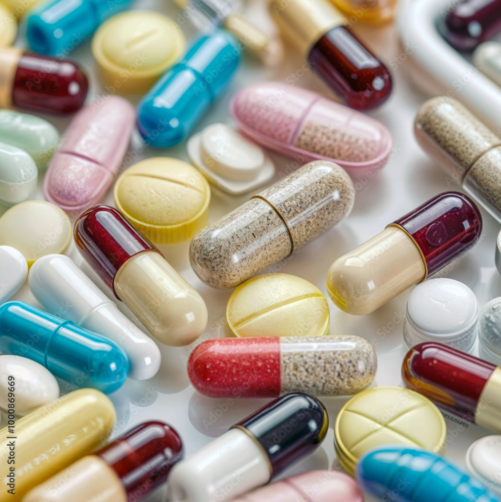 Close-up of Colorful Pills and Capsules on White Background Close-up of Colorful Pills and Capsules on White Background