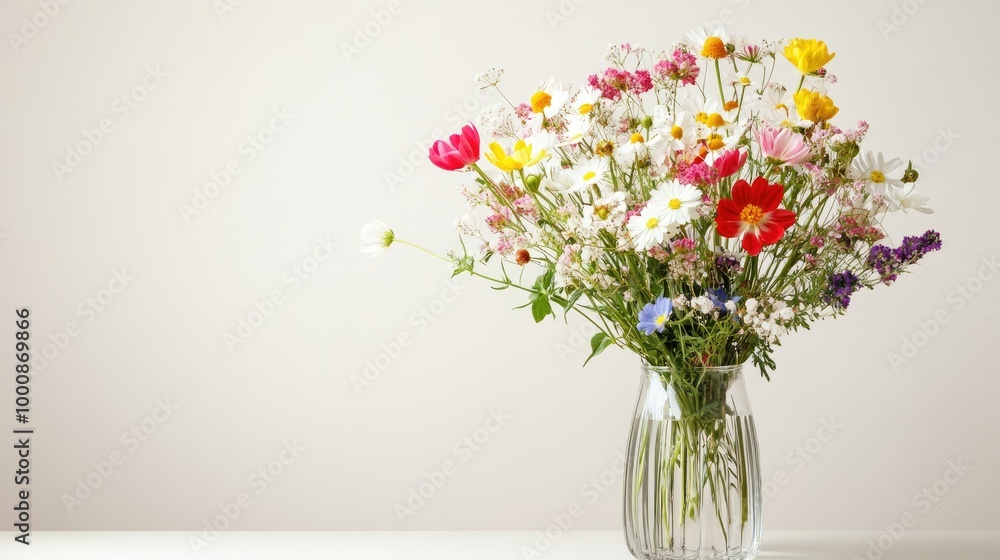 Obraz premium Spring flowers in full bloom, beautifully arranged in a vase, set against a simple background with room for text