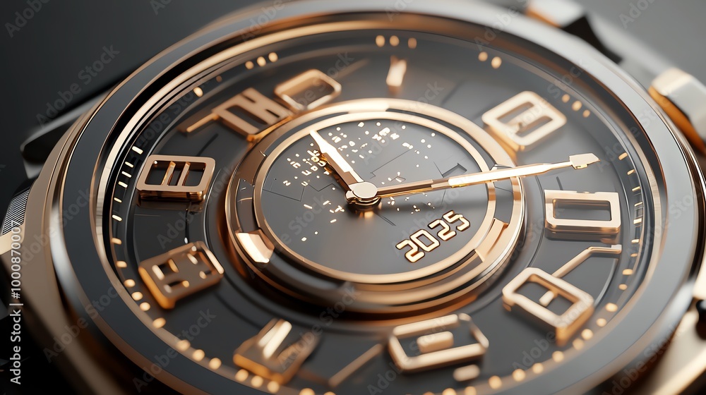 Shiny digital clock face counting down to New Year 2025, futuristic setting, 3D illustration Shiny digital clock face counting down to New Year 2025, futuristic setting, 3D illustration