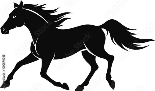 Black horse illustration running forward with its mane flowing in motion