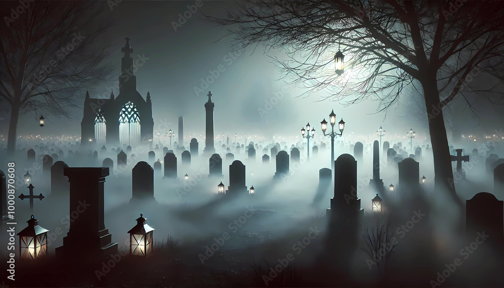 Obraz premium Graveyard Covered in Fog with Lantern Lights Background