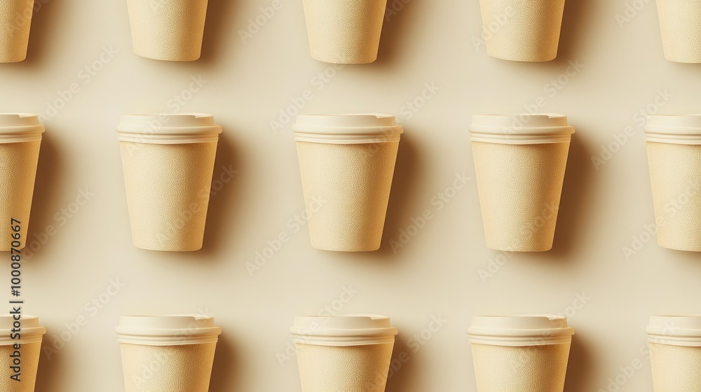 Symmetrical arrangement of beige takeaway coffee cups, creating a clean and modern mockup template. Symmetrical arrangement of beige takeaway coffee cups, creating a clean and modern mockup template.