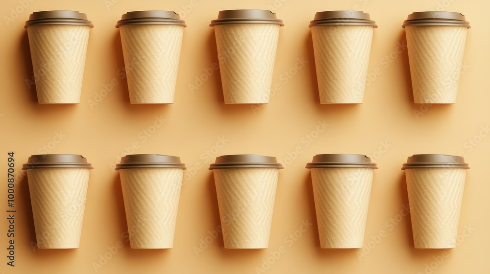 Symmetrical arrangement of beige takeaway coffee cups, creating a clean and modern mockup template. Symmetrical arrangement of beige takeaway coffee cups, creating a clean and modern mockup template.