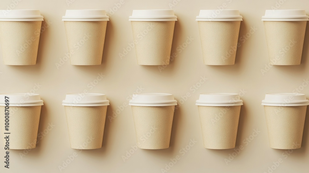 Symmetrical arrangement of beige takeaway coffee cups, creating a clean and modern mockup template. Symmetrical arrangement of beige takeaway coffee cups, creating a clean and modern mockup template.