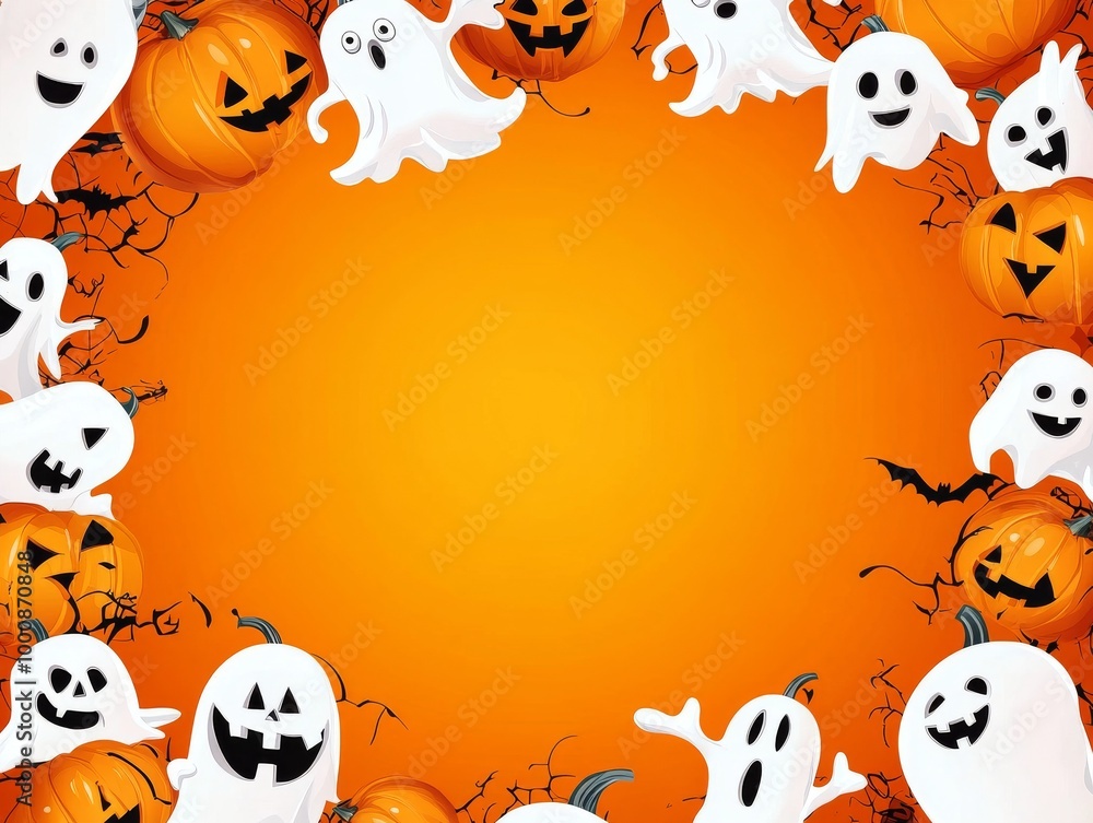 2408 35.A spooky yet playful Halloween background featuring cartoon pumpkins and ghosts with expressive faces. The bright orange backdrop provides an ideal canvas for adding custom text in the 2408 35.A spooky yet playful Halloween background featuring cartoon pumpkins and ghosts with expressive faces. The bright orange backdrop provides an ideal canvas for adding custom text in the