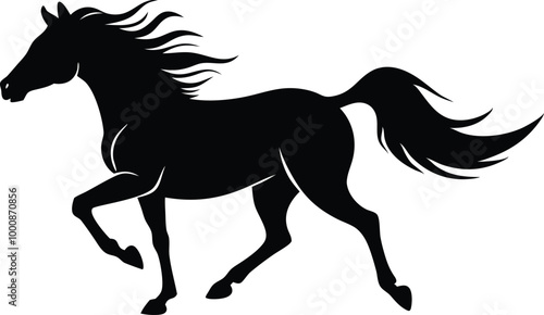 Illustration of a black horse running dynamically with its mane blowing in the wind