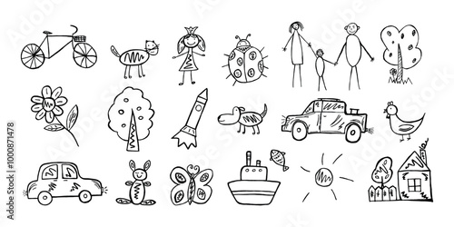 Doodles vector sketch. Kids doodles vector 