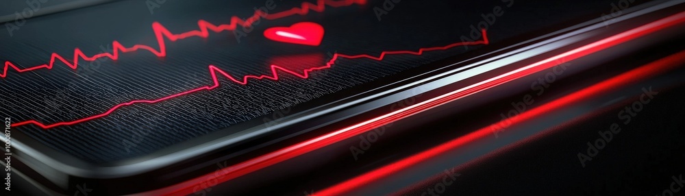 Portable EKG device for heart monitoring, a close-up image of a smartphone displaying a red heartbeat line on a dark background, symbolizing health monitoring and technology Portable EKG device for heart monitoring, a close-up image of a smartphone displaying a red heartbeat line on a dark background, symbolizing health monitoring and technology