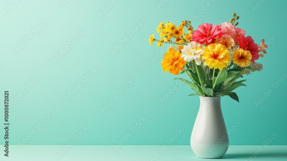 Vibrant spring flowers arranged in a simple vase, with copy space on a calming background Vibrant spring flowers arranged in a simple vase, with copy space on a calming background