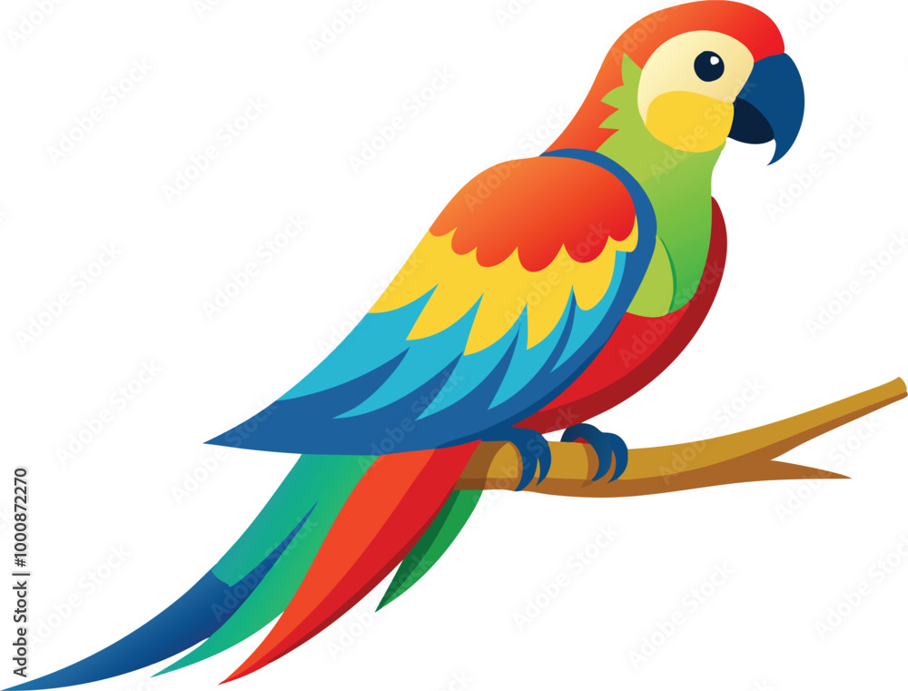 Obraz premium Colorful parrot sitting on a branch with its wings folded in vector illustration